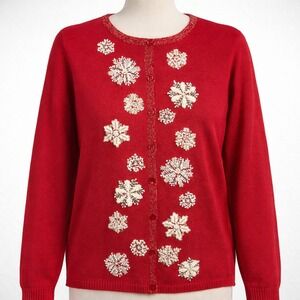 Vtg Coldwater Creek Beaded Red Snowflake Embellished Cardigan Sweater L Granny
